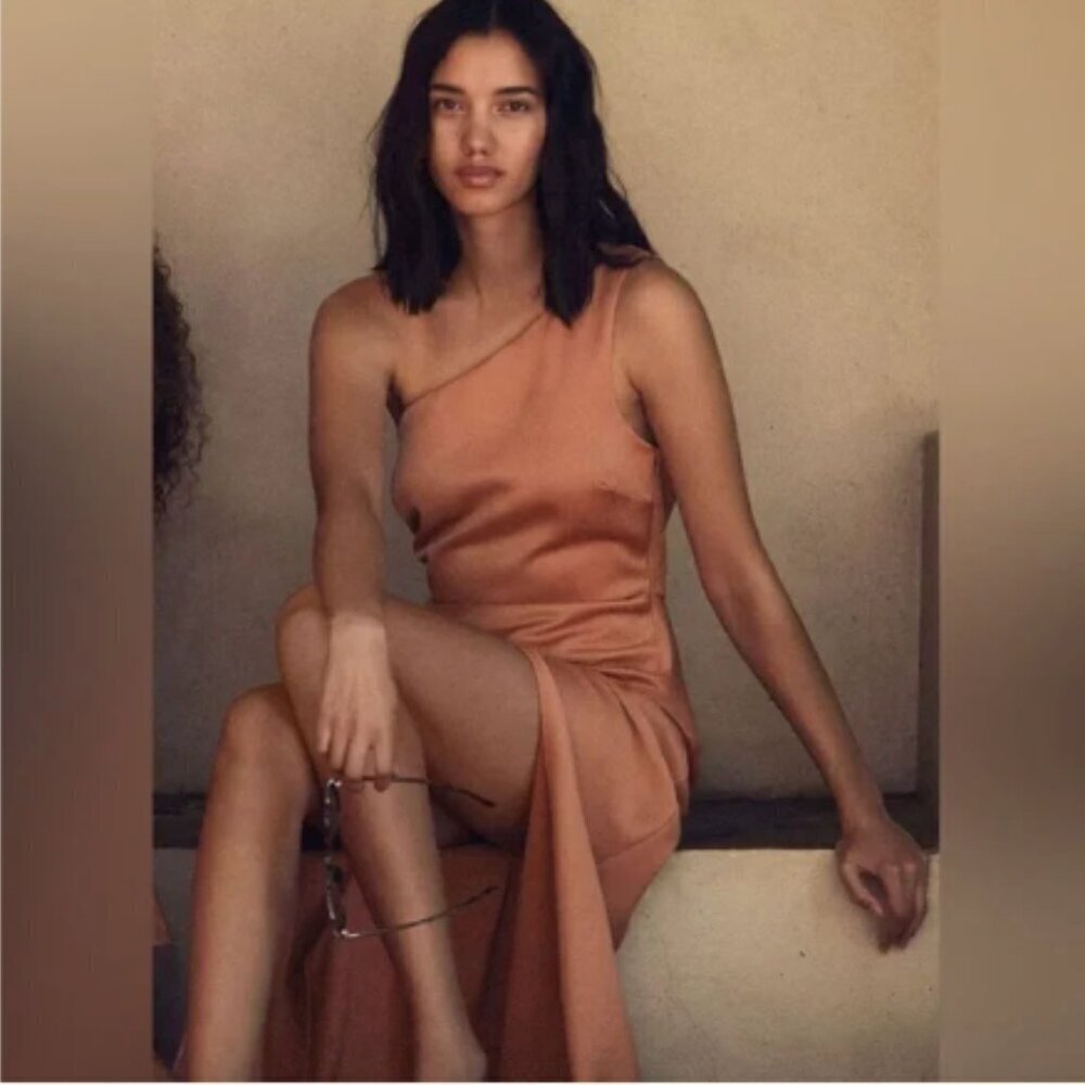 BHLDN Dylan One-Shoulder Satin Side-Slit Gown in Sedona 14